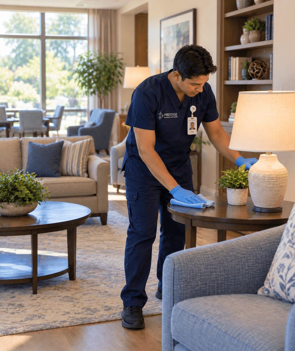 A Prestige environmental services technician wiping a side table in the common lounge of an assisted living community.