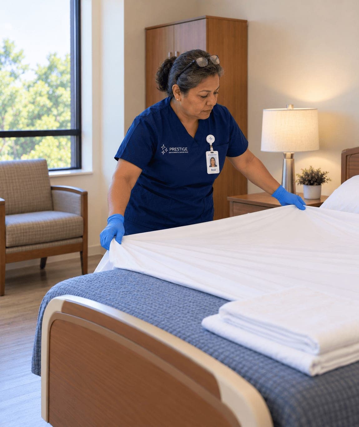 A Prestige environmental services technician drawing a clean sheet across a resident bed, folded linen squared at the foot.