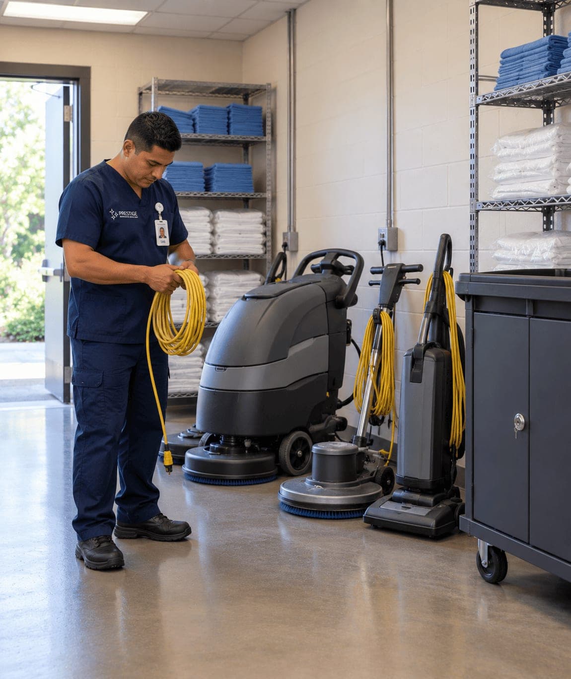 A Prestige environmental services technician coiling a cable in a facility equipment room, the floor machines parked in line and a locked cabinet cart beside them.