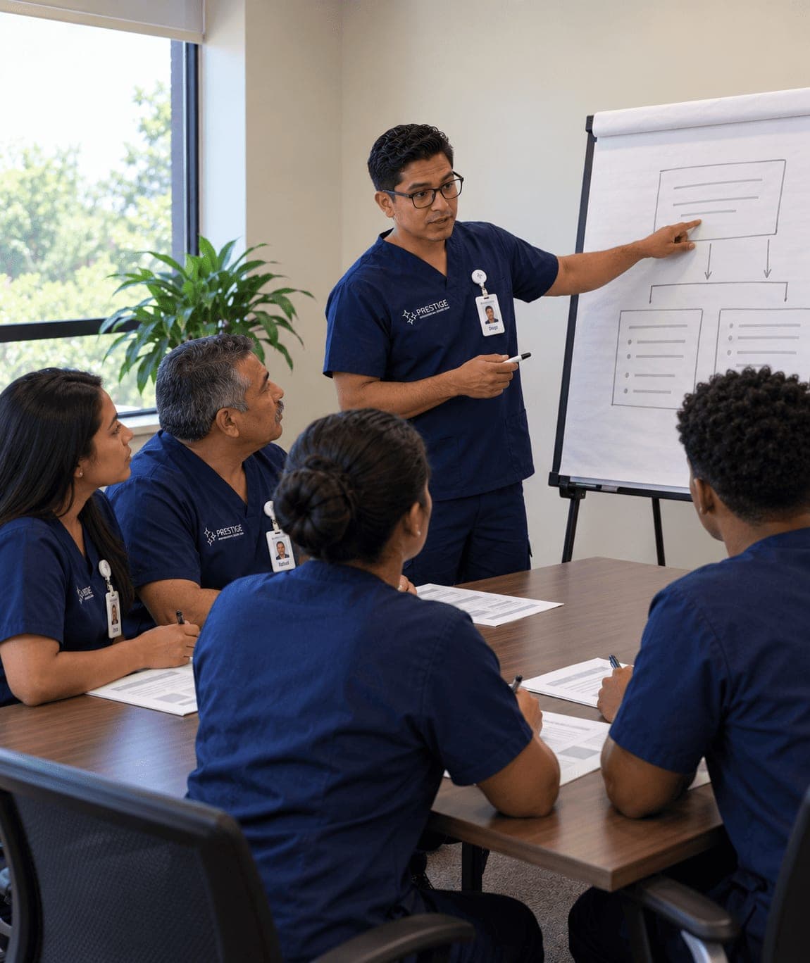 A Prestige housekeeping manager leading an in-service at a flip chart for four seated staff.