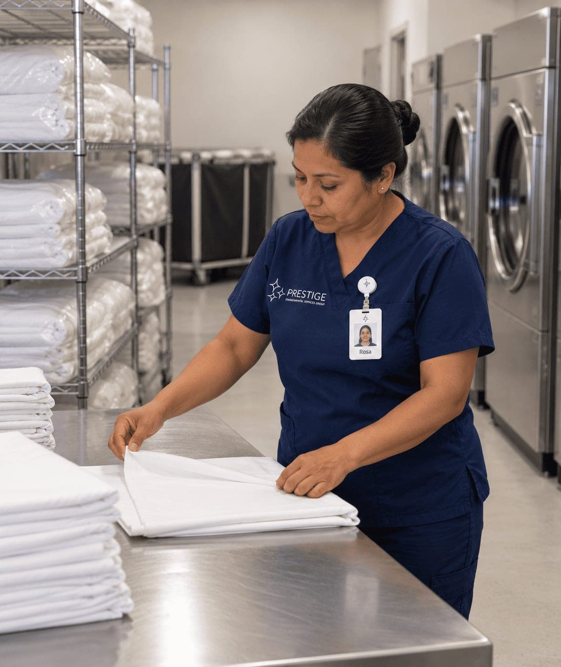 A Prestige laundry aide folding a clean sheet at a stainless table, beside shelving of wrapped linen and unmarked on-premise washers.