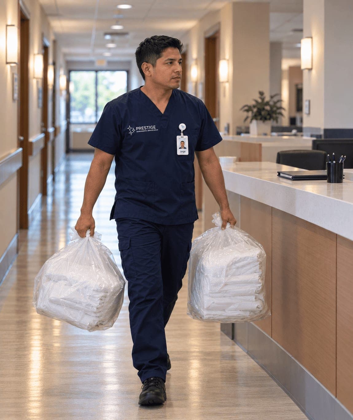 A Prestige environmental services technician carrying two tied bags of clean linen past a nurses station in a facility corridor.