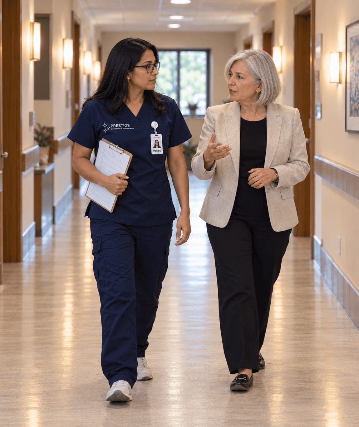 A Prestige housekeeping manager walking a resident corridor with a facility administrator, clipboard in hand.