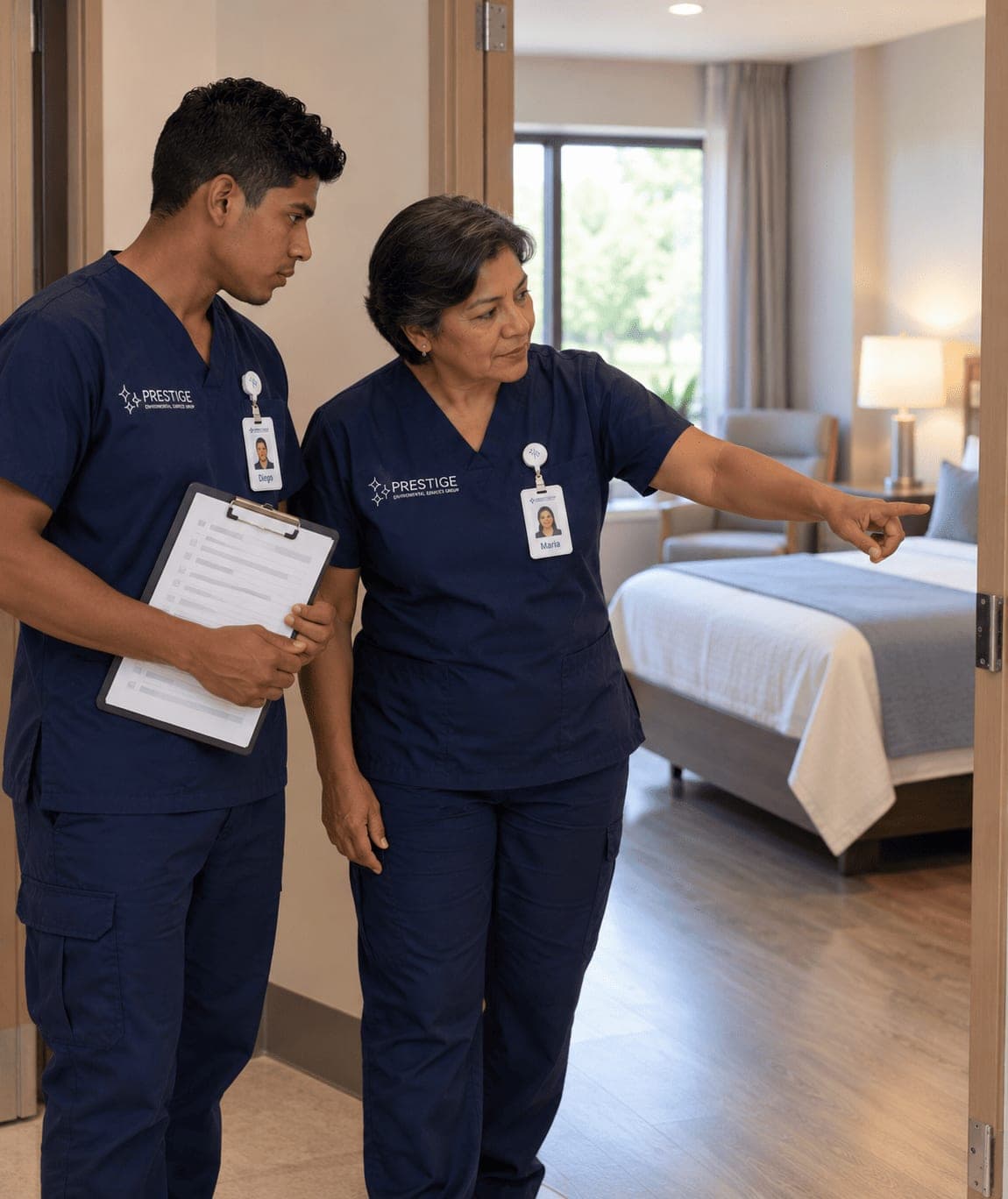 An experienced Prestige technician showing a newer colleague how a finished resident room is checked before sign-off.