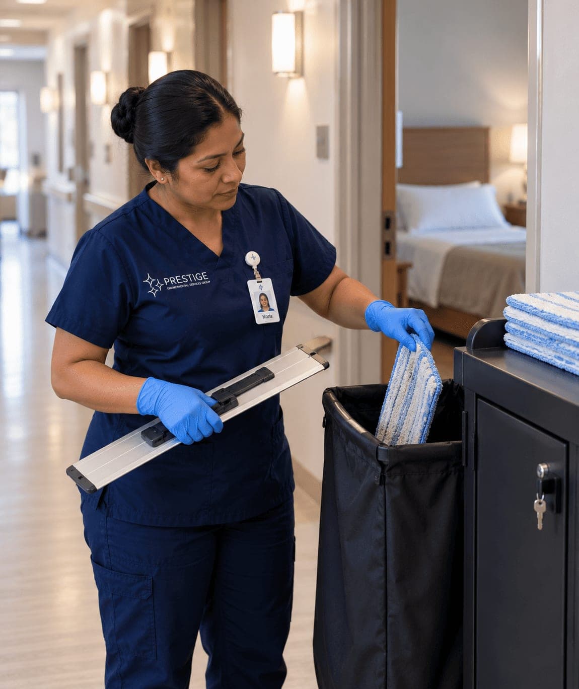 A Prestige environmental services technician dropping a used flat mop pad into the soiled linen bag on a closed, locked cart outside a resident room, with clean pads stacked ready.