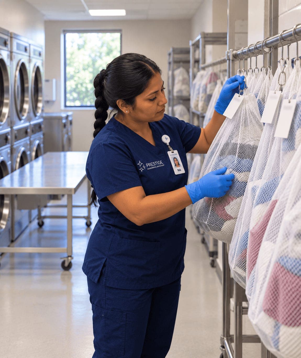 A Prestige environmental services technician hanging an individually tagged mesh bag of resident personal laundry on a rack in a facility laundry.