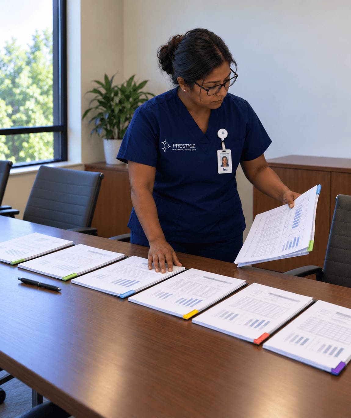 Six identical monthly report packets laid out on a conference table, one per building, with a Prestige manager comparing two of them.