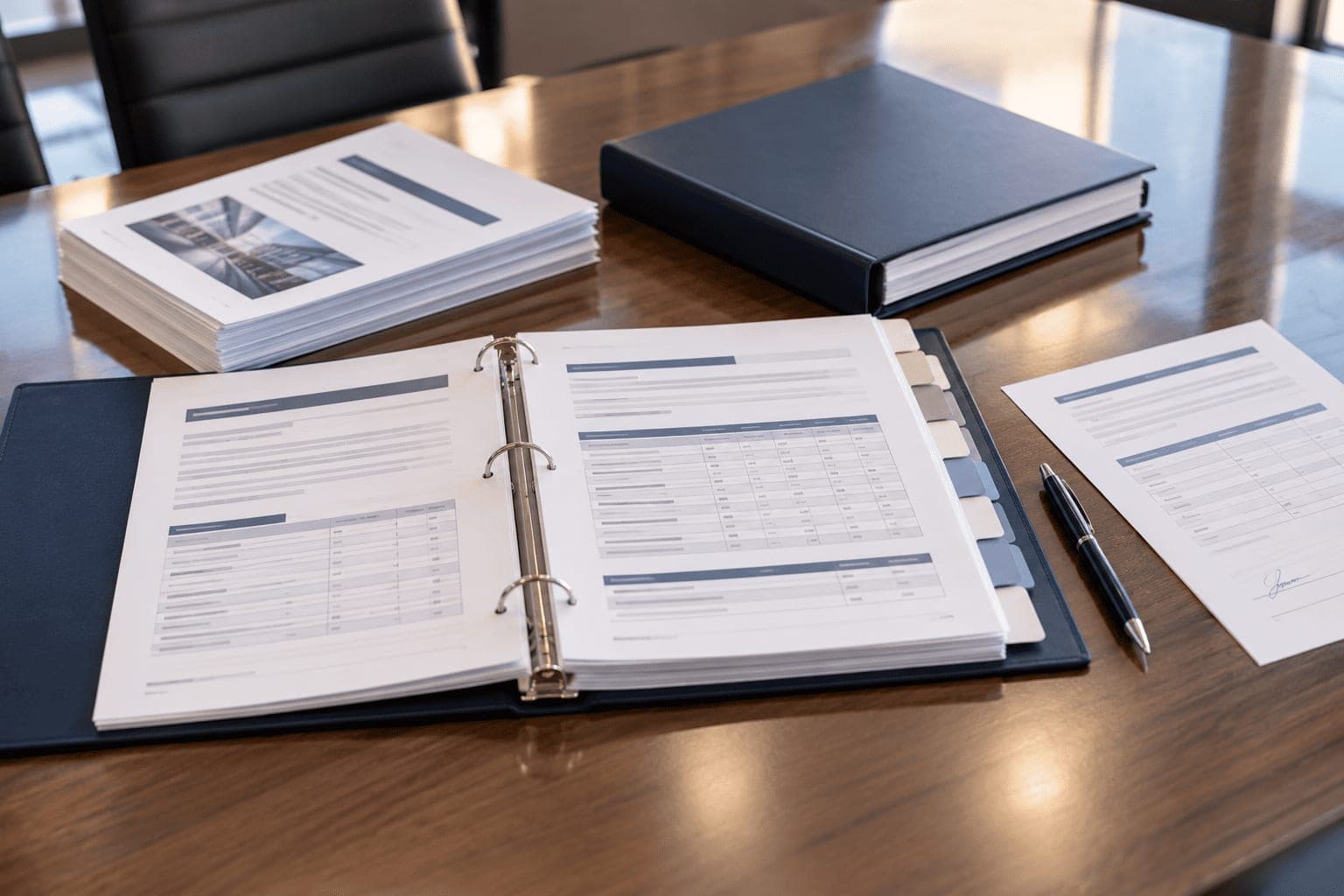 An open proposal binder on a conference table, index tabs down the edge and printed schedules on the page.