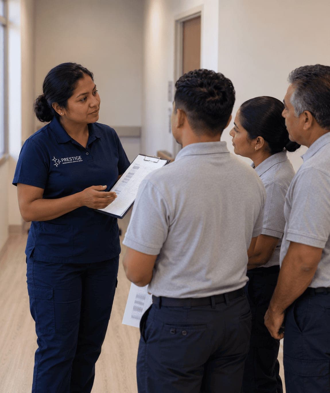 A Prestige housekeeping supervisor briefing three staff from a printed sheet on a clipboard at the start of a shift.