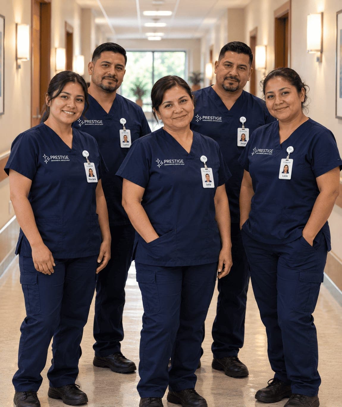 Five Prestige environmental services staff standing together in a resident corridor.