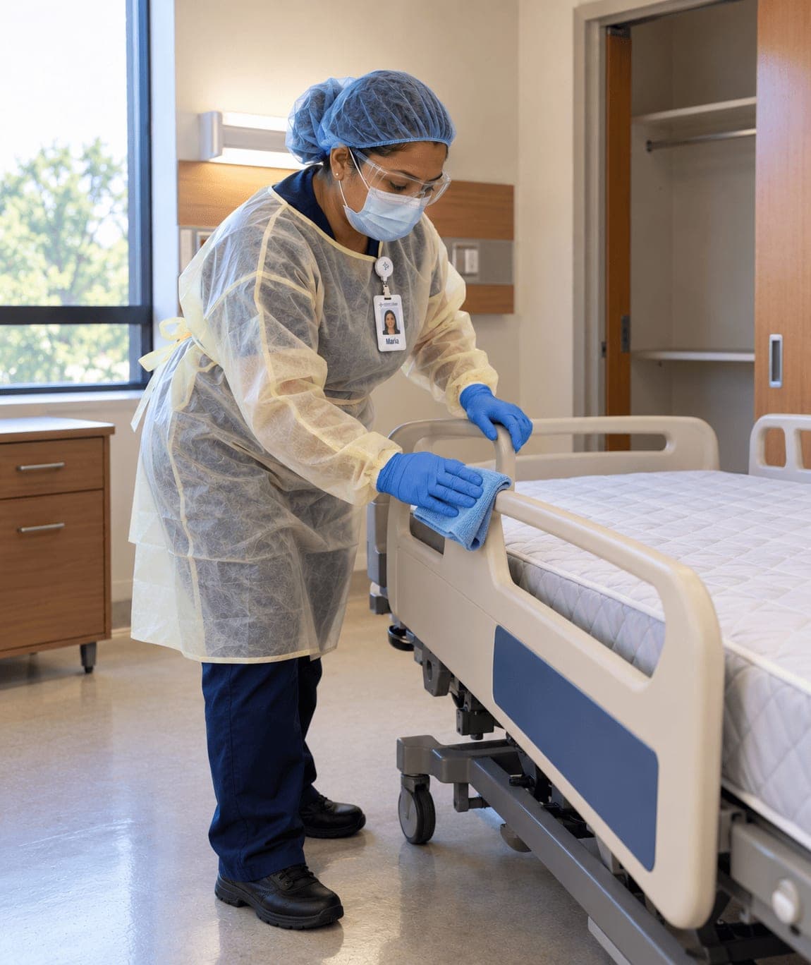 A Prestige environmental services technician in full contact precautions wiping a bed rail during a terminal clean of a stripped isolation room.
