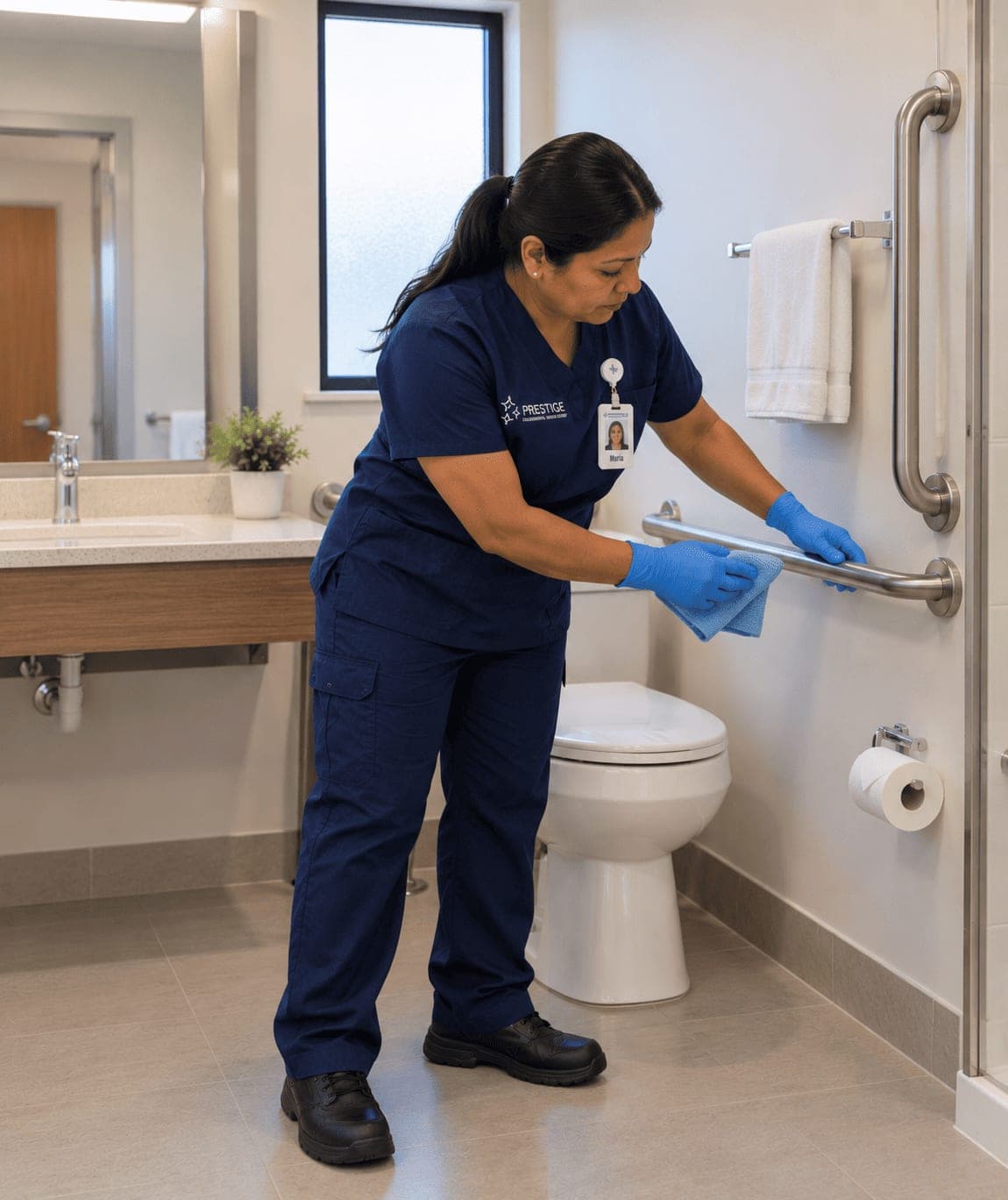 A Prestige environmental services technician wiping a grab bar in a resident washroom with a folded microfiber cloth.