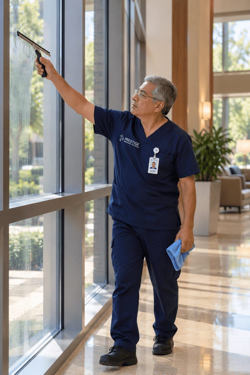 A Prestige technician drawing a squeegee down interior lobby glass, microfiber cloth in hand.