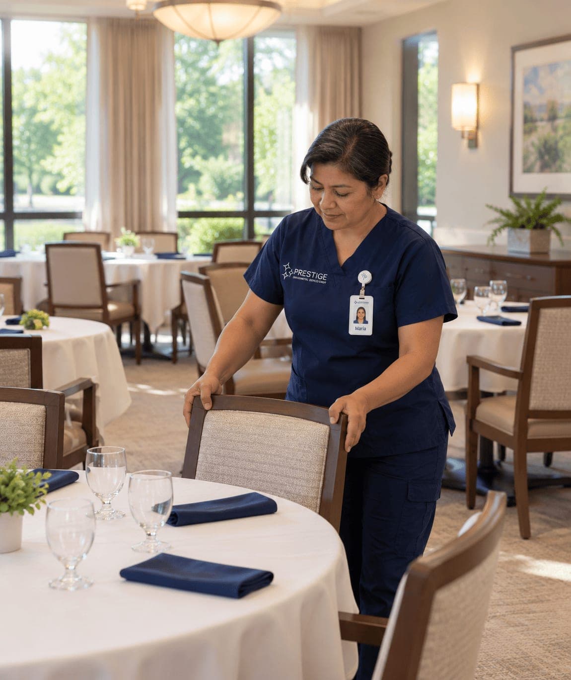 A Prestige environmental services technician straightening a chair in the dining room of a continuing care retirement community.