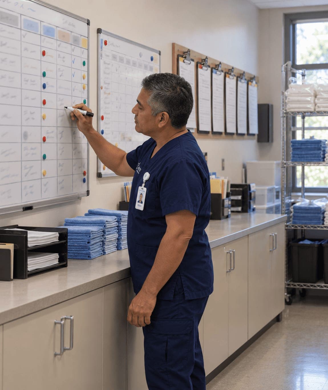 A Prestige housekeeping manager updating the department's planning board in a facility workroom, the in-service calendar and shift clipboards on the wall beside it.