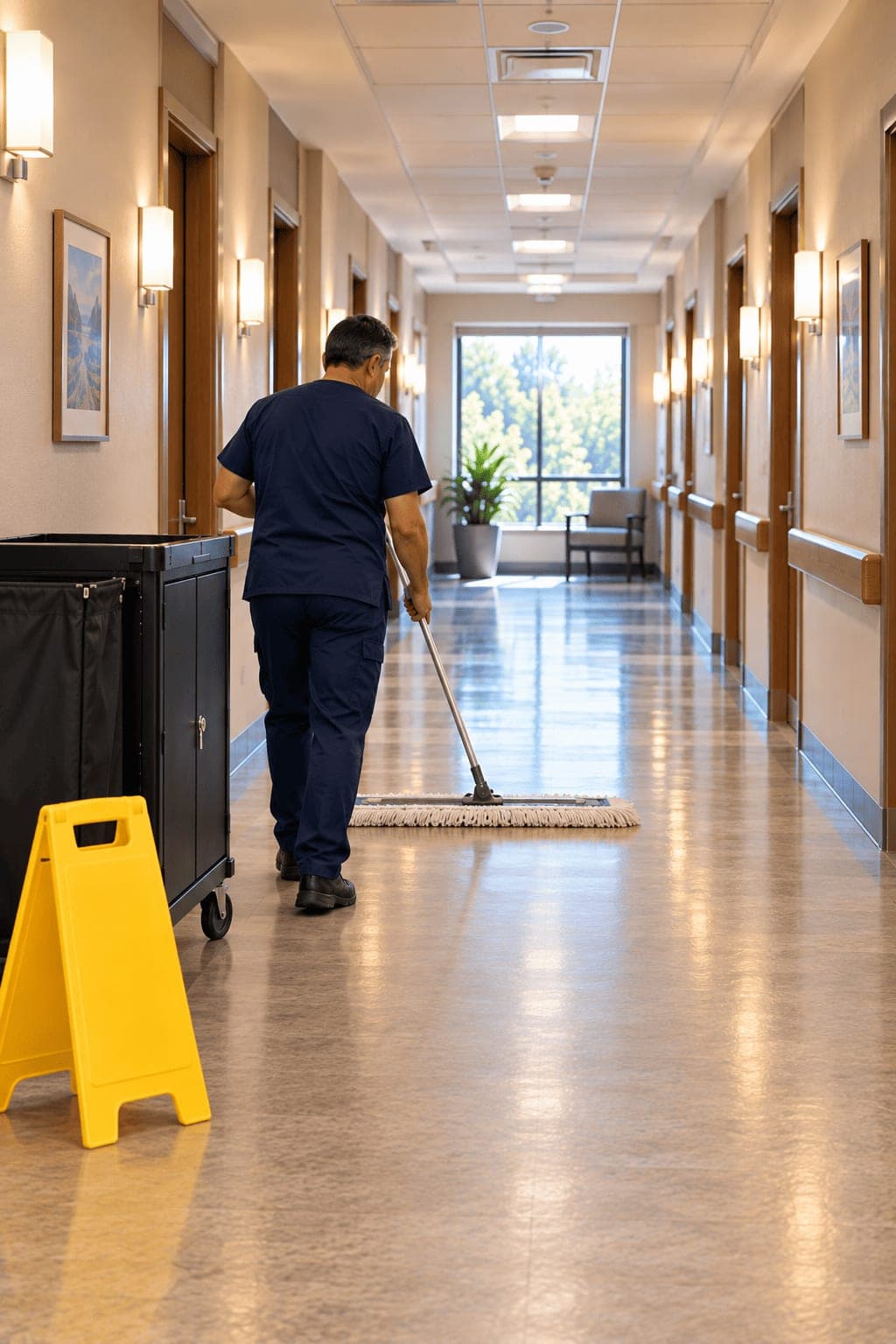 A Prestige environmental services technician dust mopping one half of a resident corridor with a wide dust mop, the other half left dry and clear, a caution sign set out and the housekeeping cart locked against the wall.