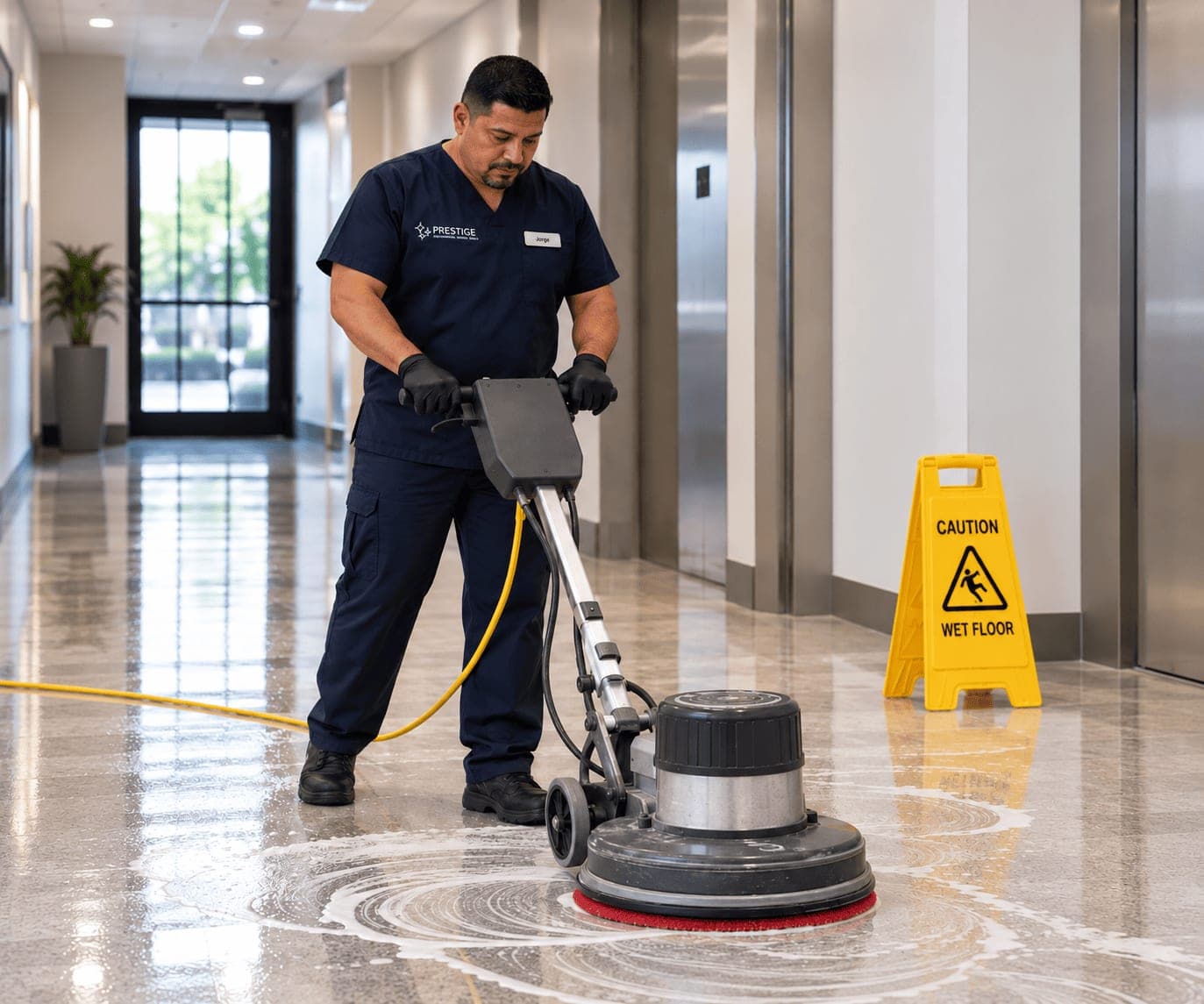 A Prestige environmental services technician running a rotary floor machine across a lobby floor, a caution sign set out beside him.