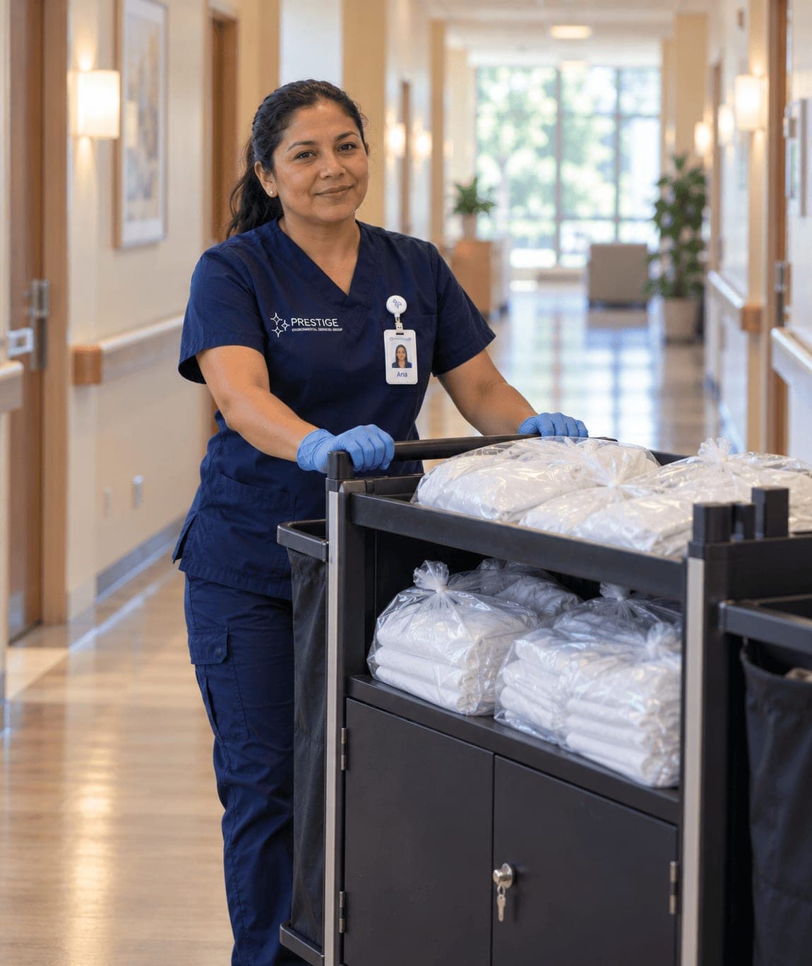 A Prestige environmental services technician pushing a cart of bagged clean linen along a resident corridor.