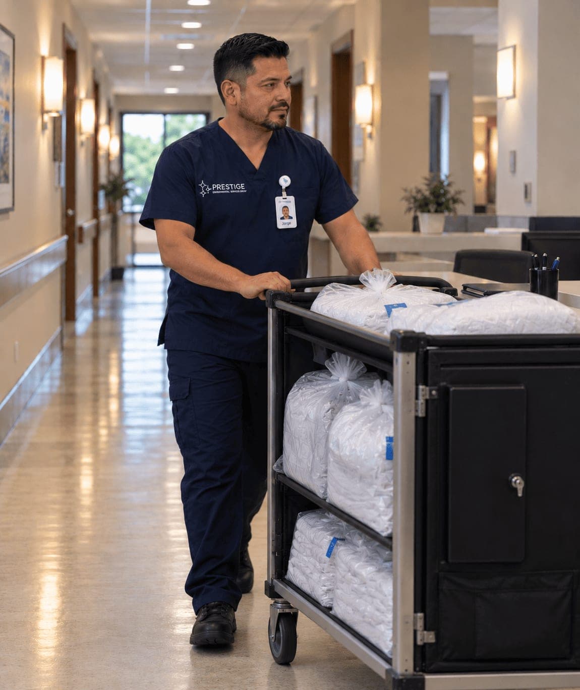A Prestige environmental services technician pushing a cart of bagged clean linen along a facility corridor.