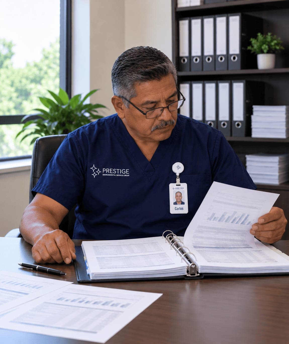 A Prestige operations manager reviewing a printed monthly report in a facility office.