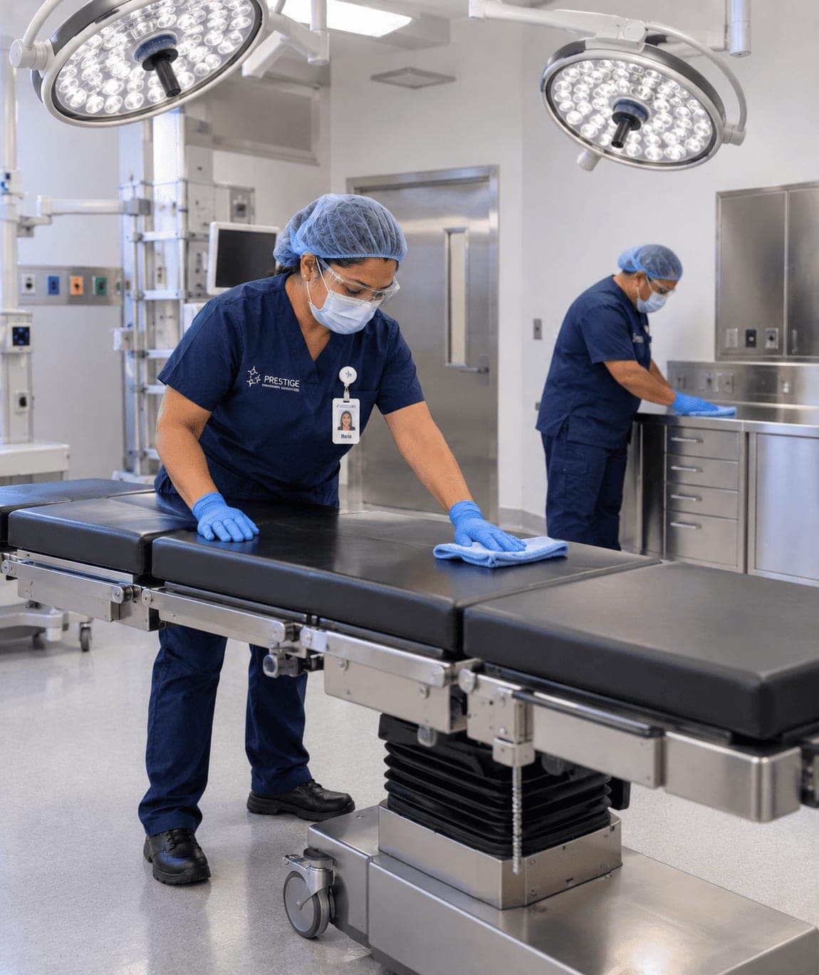 Two Prestige environmental services technicians turning over an operating room between cases, the table bare.