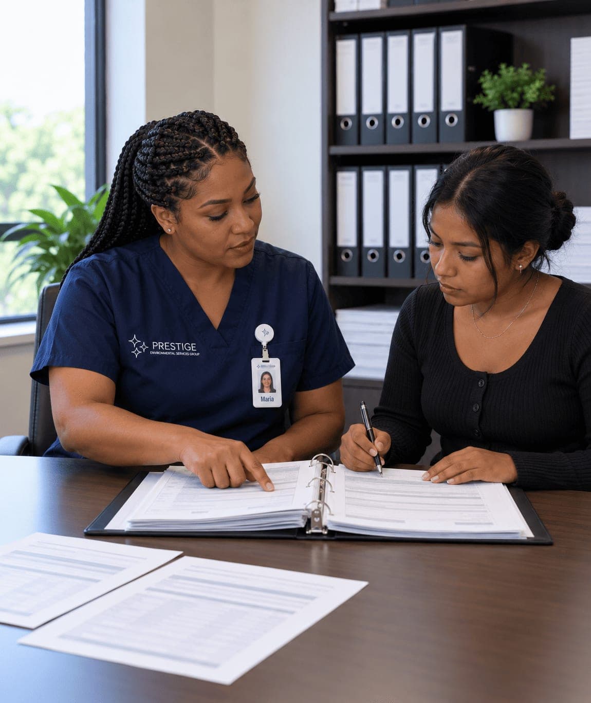 A Prestige housekeeping manager working through a printed orientation packet with a new employee before her first shift.