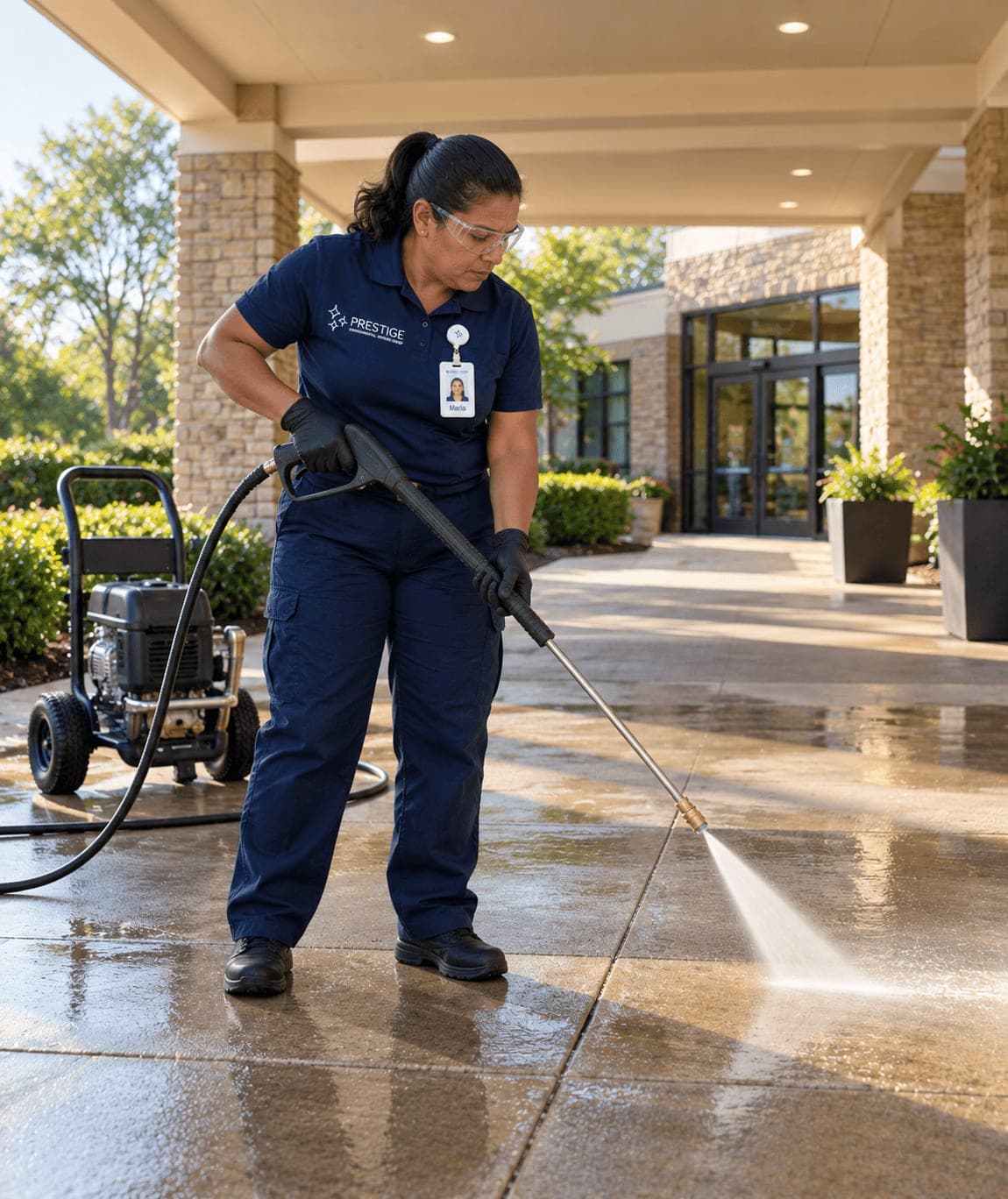A Prestige technician pressure washing the concrete walkway under a facility entrance canopy.