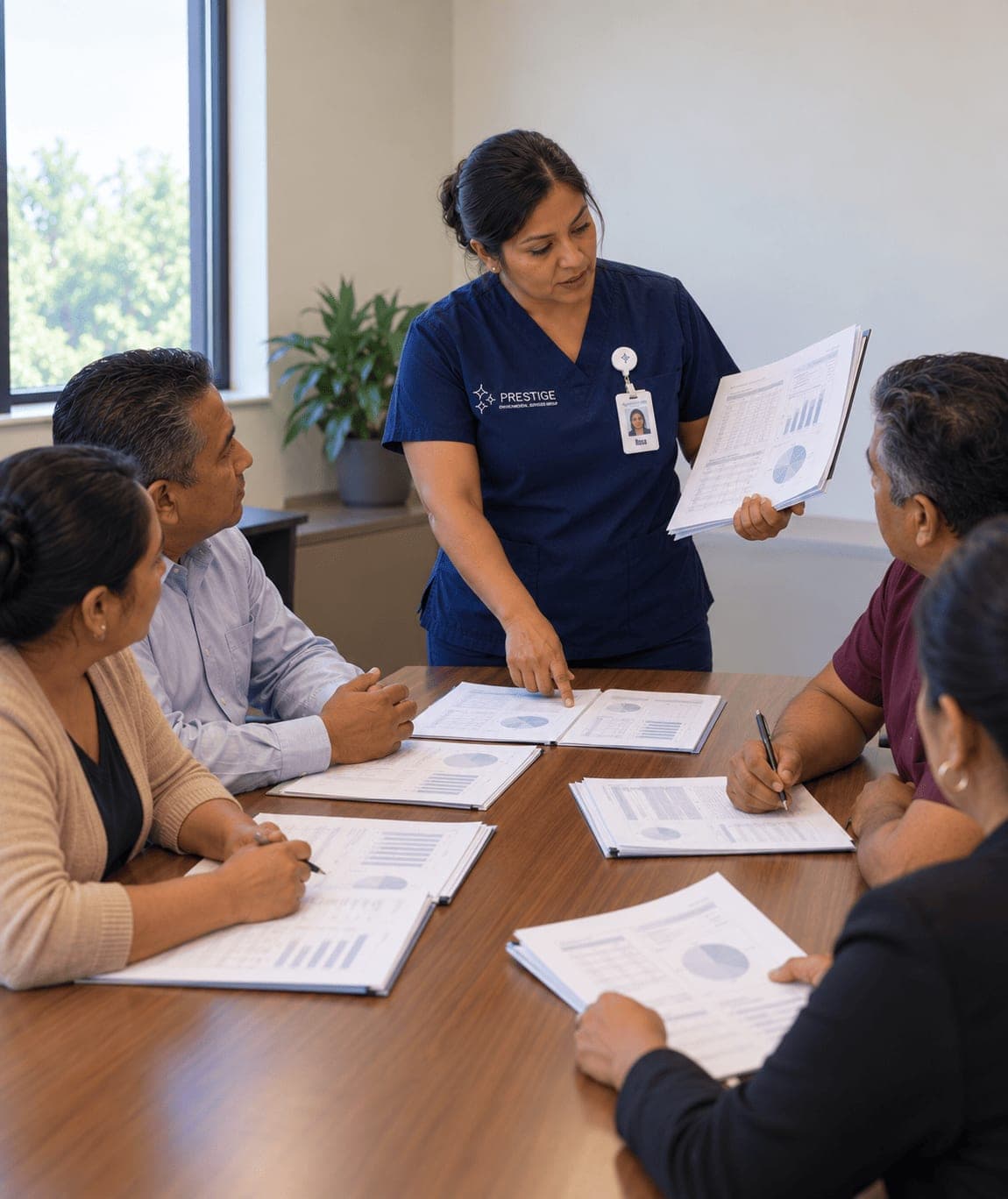 A Prestige housekeeping manager presenting printed department data to facility leadership around a conference table.