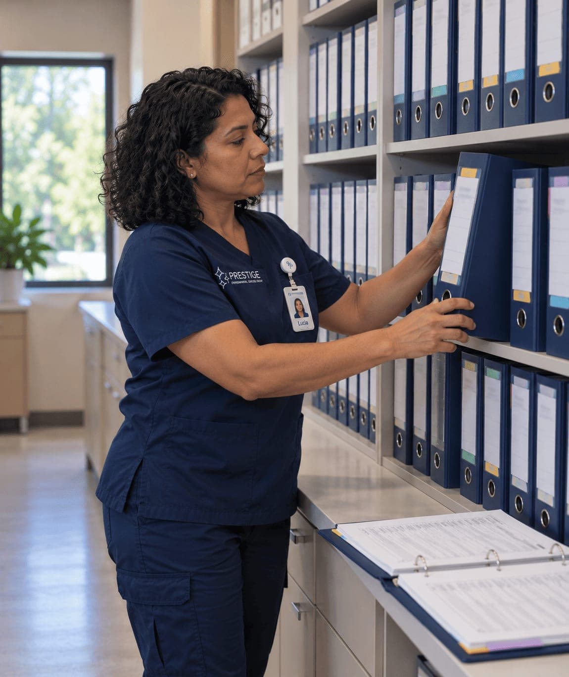 A Prestige housekeeping manager taking a binder from a wall of facility records kept on site.