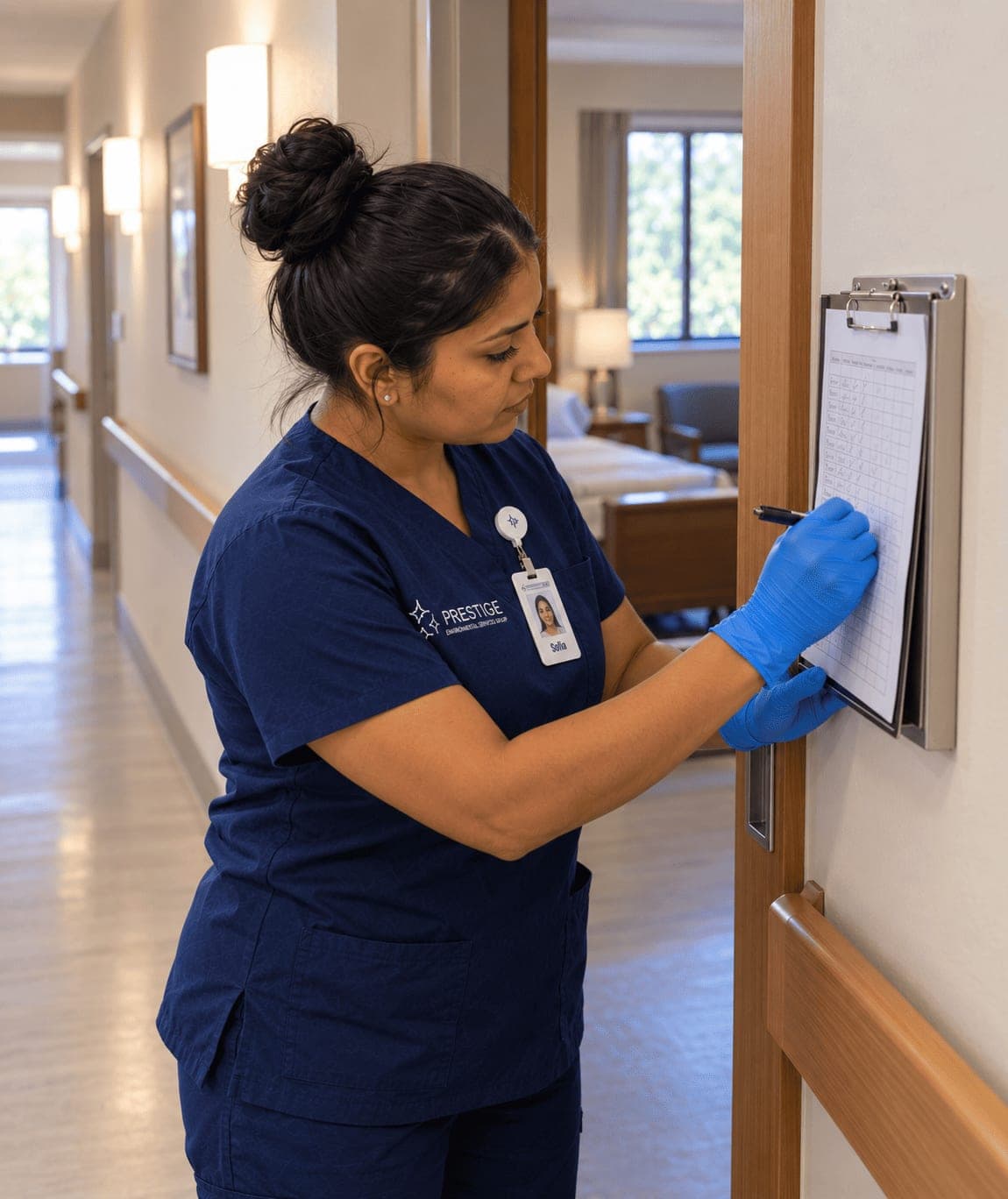 A Prestige environmental services technician signing the daily cleaning log on a clipboard mounted beside a resident room door.