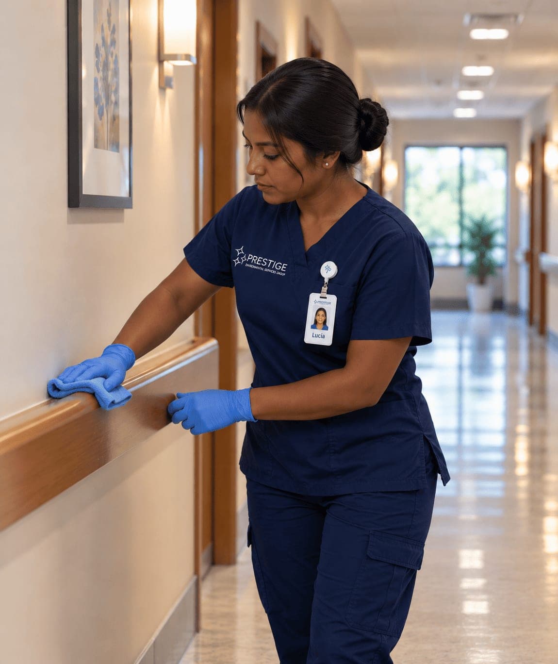 A Prestige environmental services technician wiping a handrail in a skilled nursing resident corridor.