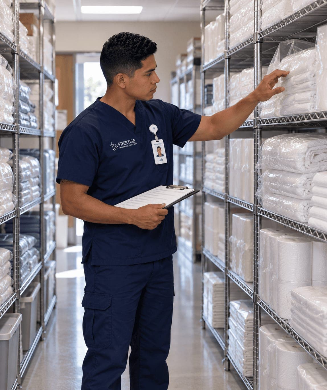 A Prestige environmental services technician counting wrapped linen and paper goods on the shelves of a facility supply room.